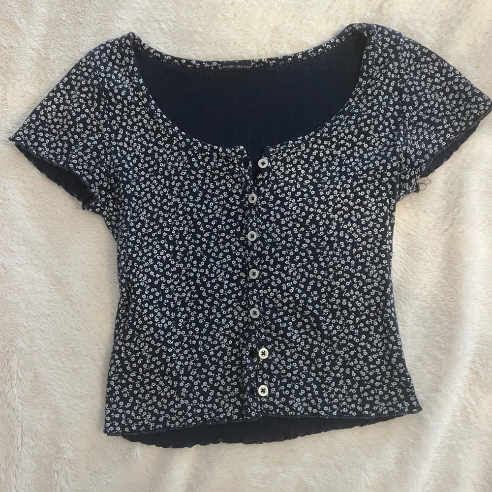 Brandy Melville Blue and White Fitted Short Sleeve Blouse